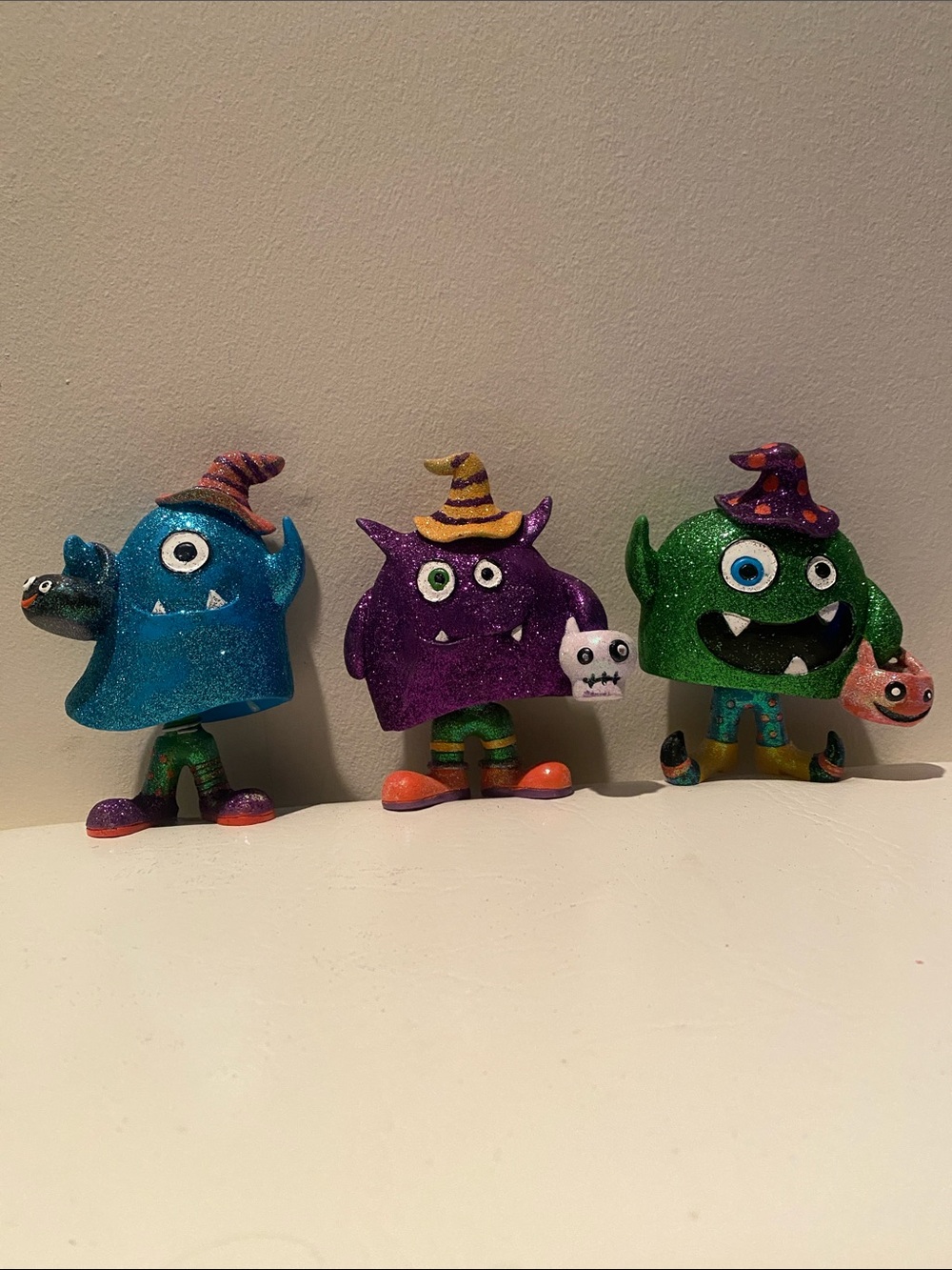 Glitter Witch Hat Monster Figures - Blue, Purple & Green Set
